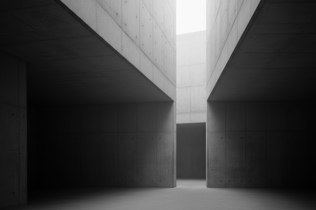 high contrast grayscale image showing intersecting walls and shadows, brutalist architecture, soft haze, empty space, timeless restraint, no main subject, inspired by rick owens store interiors, minimalist editorial style